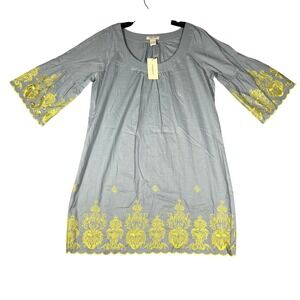 Vertigo Paris Slate Blue Cotton Embroidered Bell Sleeve Tunic Dress Large
